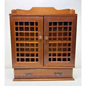 Vtg Japan Wooden Wall Spice Cabinet Rack Lattice 2 Doors 1 Drawer Retro Brown